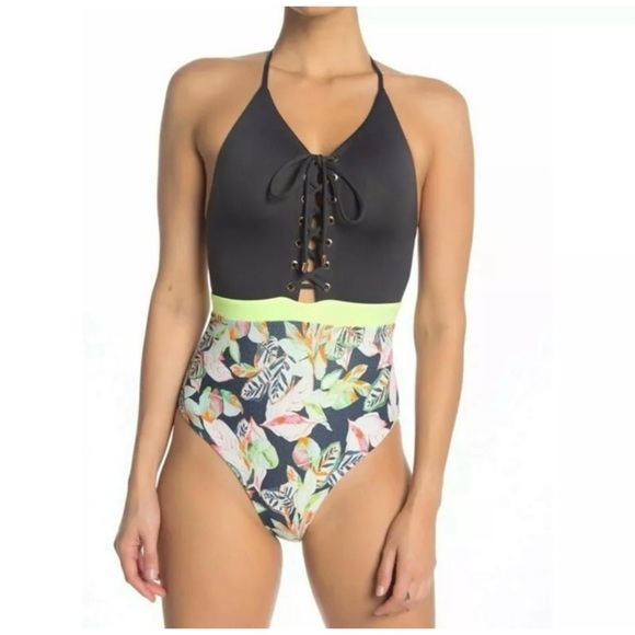 NWT MAAJI Reversible Lime Neon Floral One-Piece Swimsuit - Picture 1 of 3